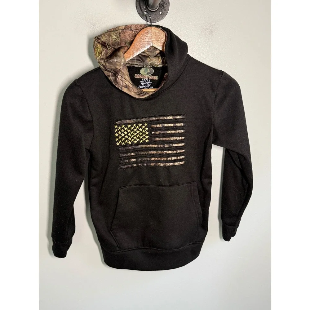 Mossy Oak Boys Black Camo American Flag Hoodie Sweatshirt Size 10/12
